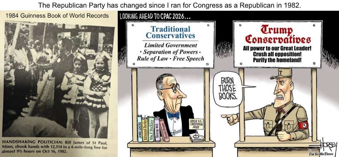 1984 Guinness Book of World Records clipping of Bill James shaking 12,114 hands while running for Congress in 1982, beside a cartoon contrasting traditional conservatives (limited government, separation of powers, rule of law, free speech) with Trump conservatives