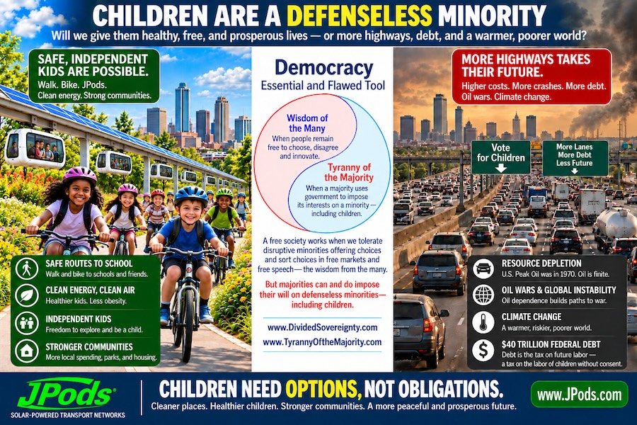 Infographic: Children are a defenseless minority. Left, children biking safely beneath solar pods; right, a congested highway labeled resource depletion, oil wars, climate change and federal debt