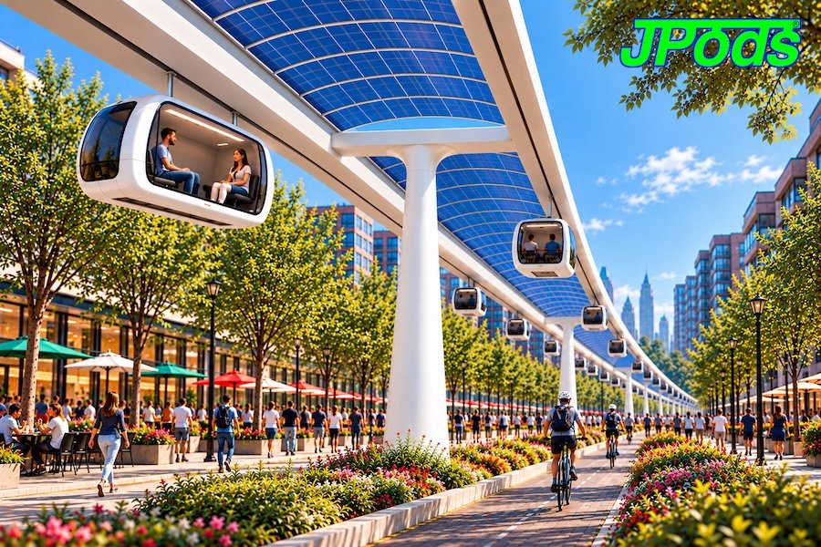 Solar-covered elevated guideway with small suspended pods above a tree-lined street full of pedestrians, cafés and cyclists