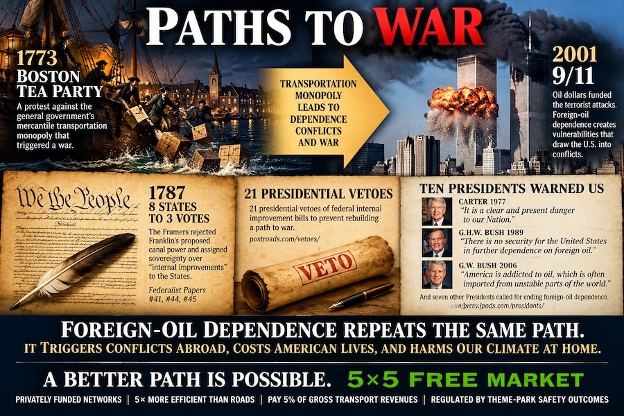 Infographic: Paths to War, from the 1773 Boston Tea Party against a transportation monopoly to 9/11 funded by oil dollars; 1787 vote of 8 states to 3; 21 Presidential vetoes; ten Presidents warned of foreign oil