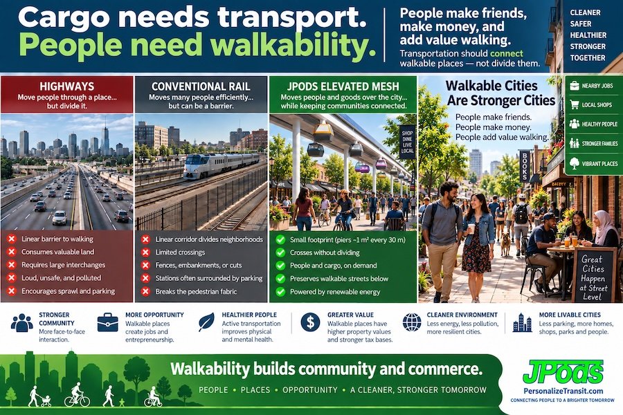 Infographic: Cargo needs transport, people need walkability. Highways and conventional rail divide neighborhoods; a JPods elevated mesh crosses without dividing; walkable cities are stronger cities